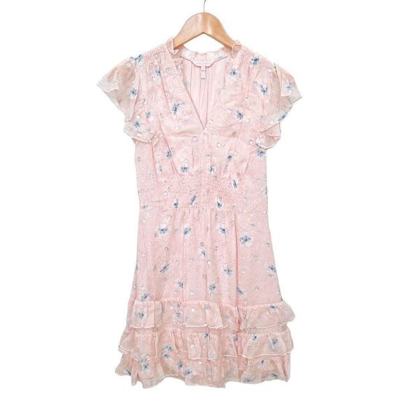 NWT Rebecca Taylor Silk Ruffle V Neck Mini Dress Pastel Pink Floral size S - Picture 2 of 13